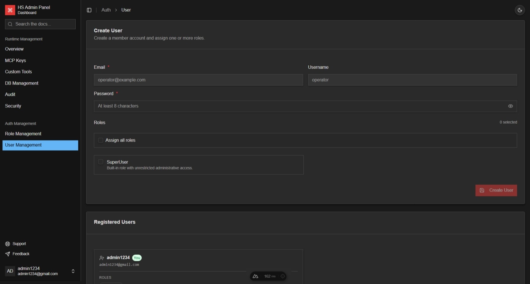 User management screen