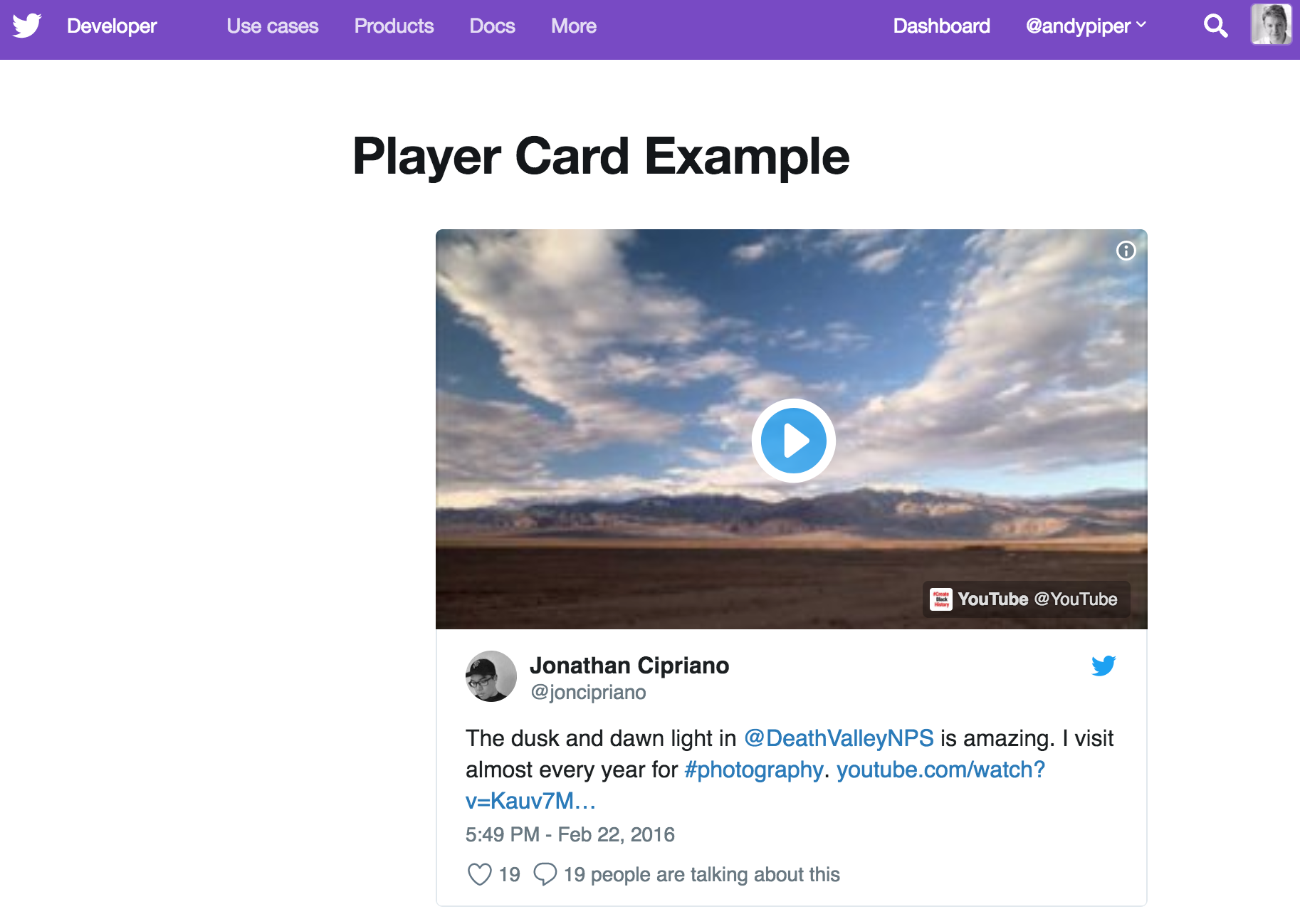 Image of a Player card in an embedded Tweet