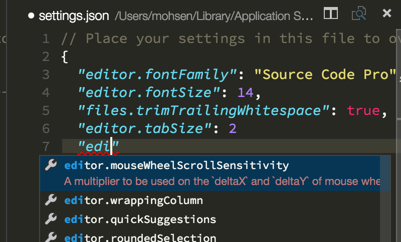 An example of VS Code providing auto-completion and documentation for variables in a JSON file conforming to the VS Code settings schema.