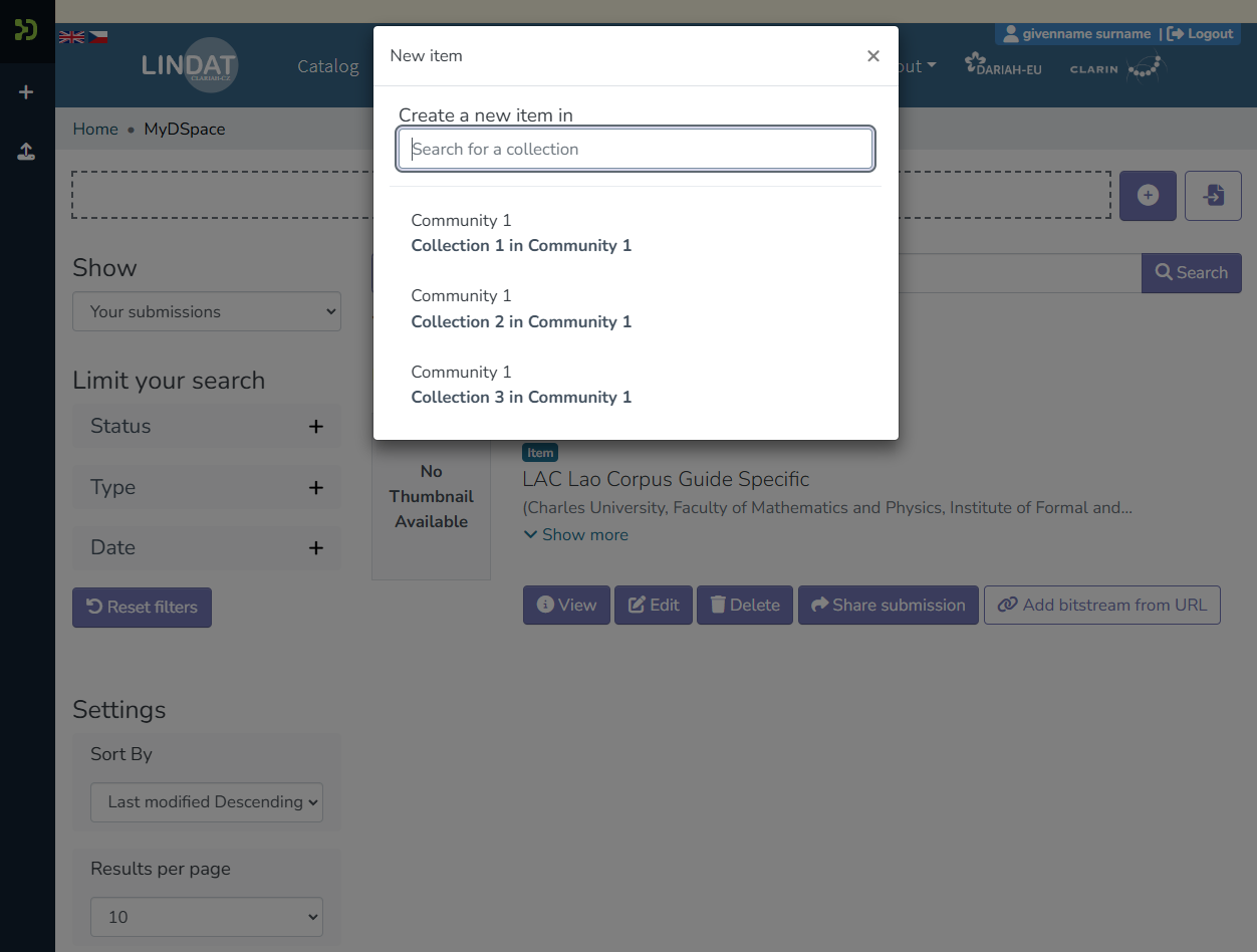 Step 2 - Collection selector opens after New -> Item