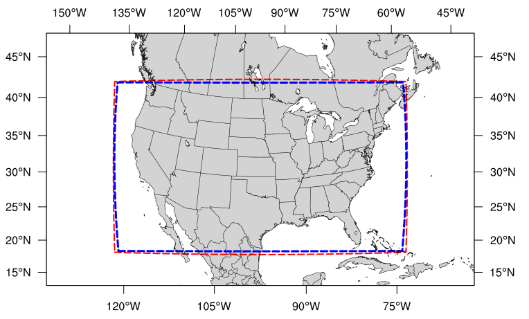 Map of the continental United States 13 kilometer domain. The computational grid boundaries appear in red and the write component grid appears just inside the computational grid boundaries in blue.
