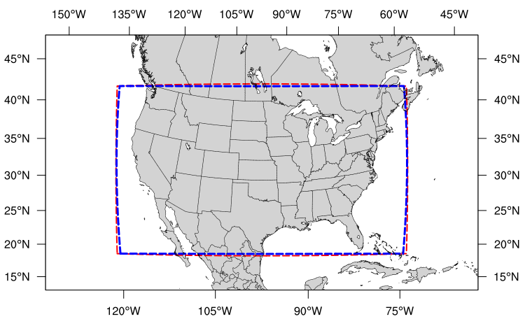 Map of the continental United States 25 kilometer domain. The computational grid boundaries appear in red and the write component grid appears just inside the computational grid boundaries in blue.