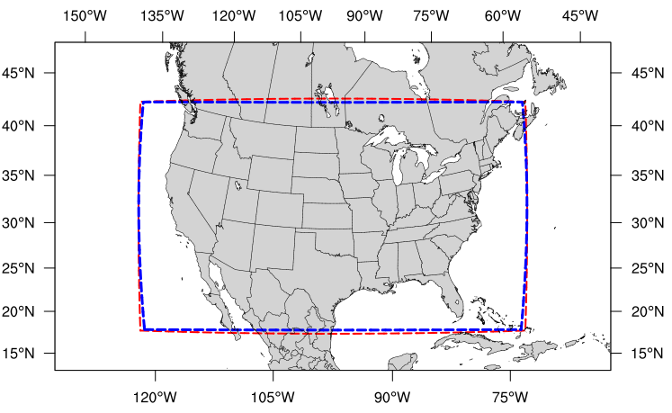 Map of the continental United States 3 kilometer domain. The computational grid boundaries appear in red and the write component grid appears just inside the computational grid boundaries in blue.
