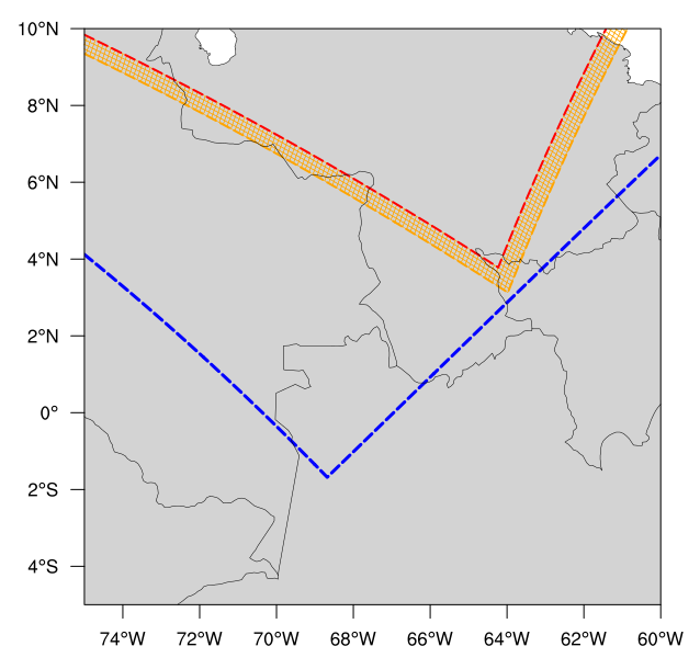 Lower right corner of the RRFS_NA_13km with computational grid and four-cell-wide halo in orange and write component grid outside of the computational grid in blue.