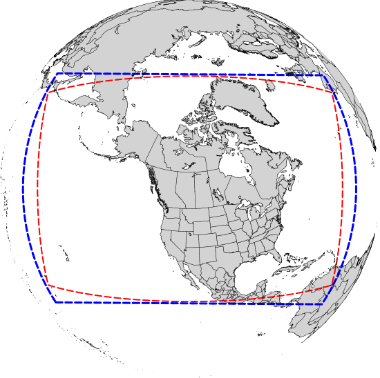 Map of the North American 13 kilometer domain. The computational grid boundaries appear in red and the write component grid appears just outside the computational grid boundaries in blue.