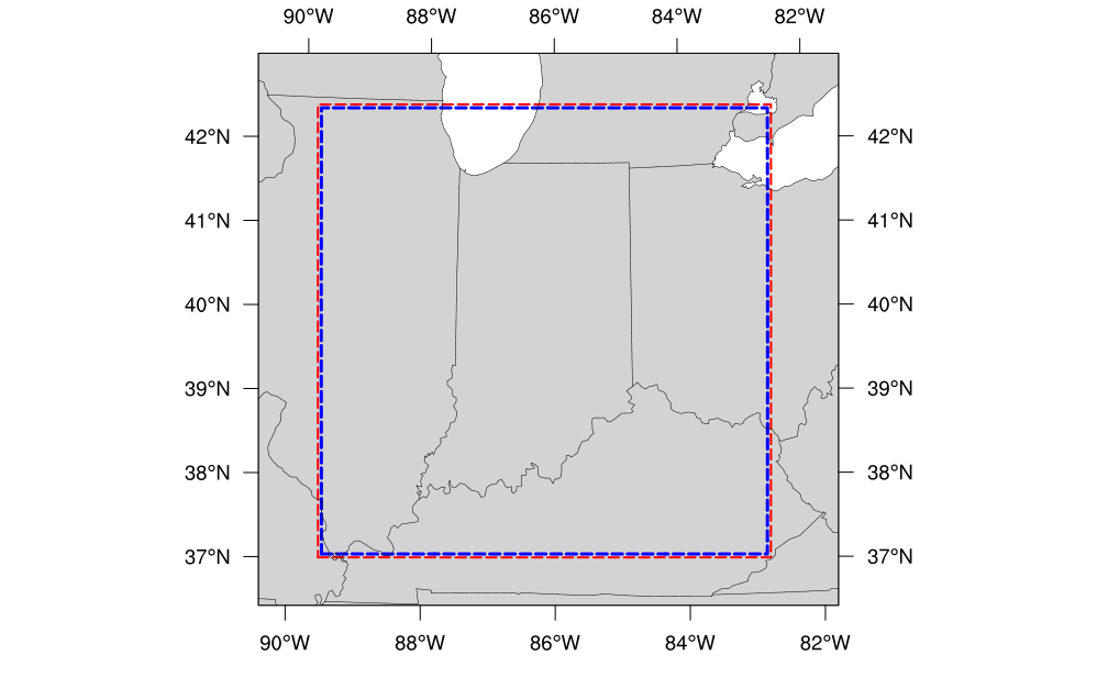 Map of Indiana and portions of the surrounding states. The map shows the boundaries of the continental United States sub-grid centered over Indianapolis. The computational grid boundaries appear in red and the write component grid appears just inside the computational grid boundaries in blue.