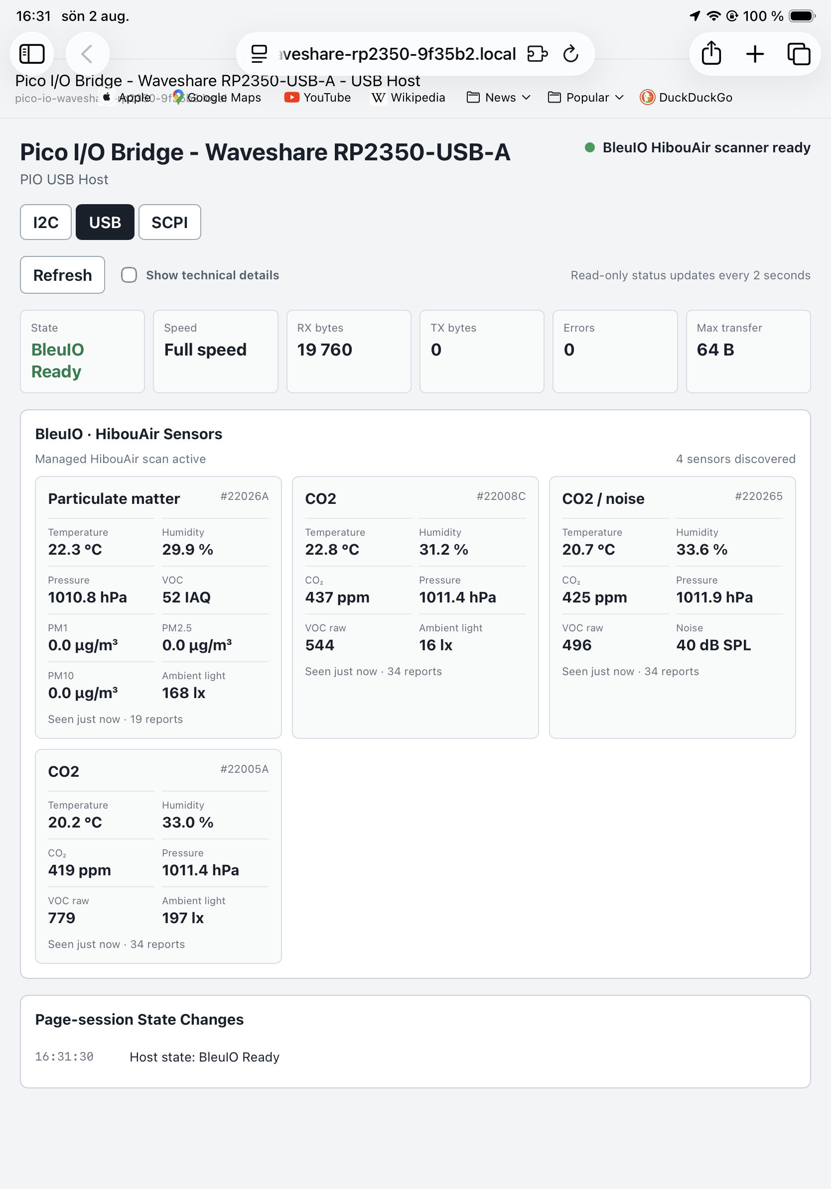 BleuIO HibouAir sensor dashboard on an iPad