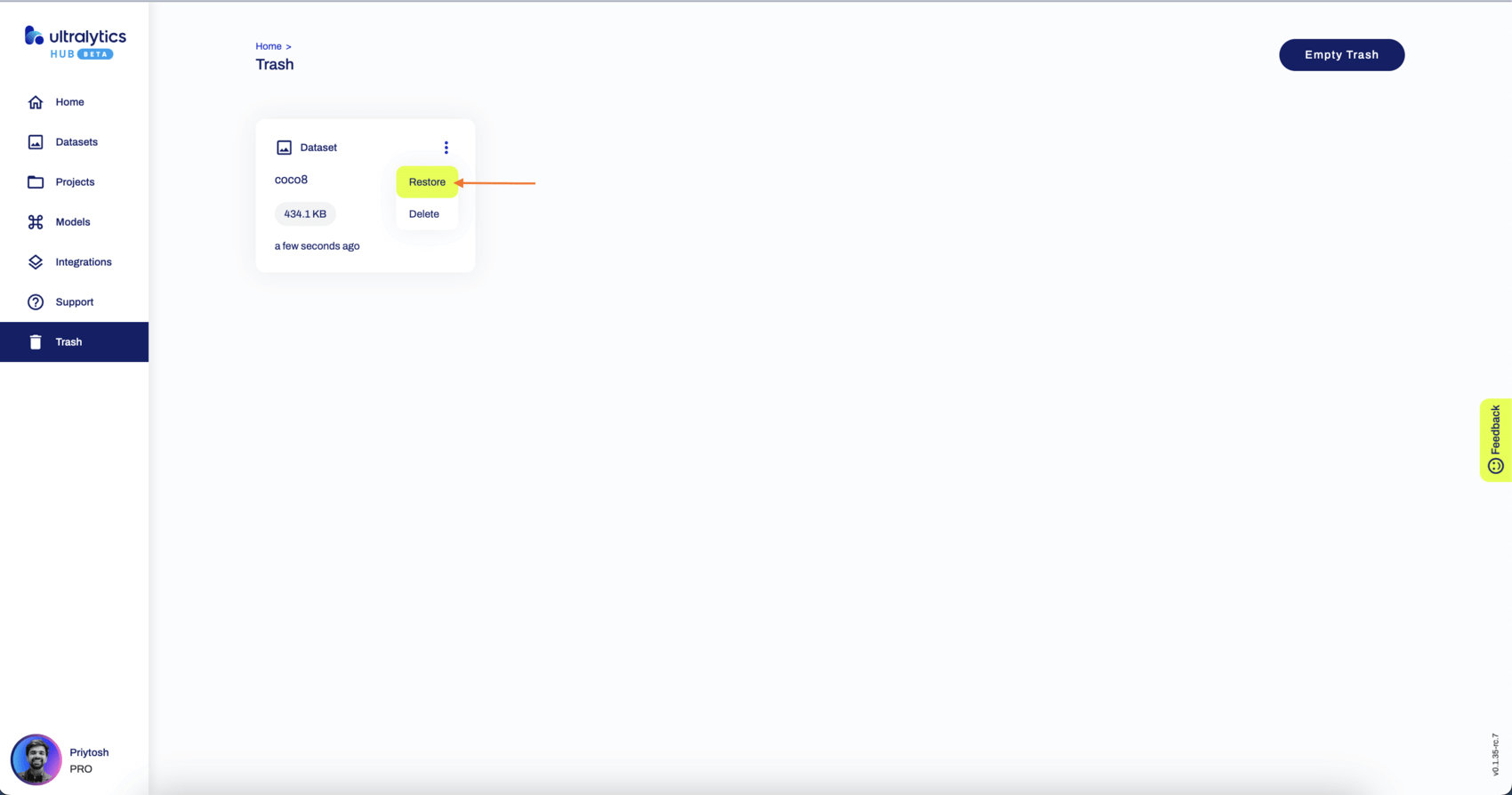 Ultralytics HUB schermata della pagina Cestino con una freccia che indica l'opzione Ripristina di uno dei dataset
