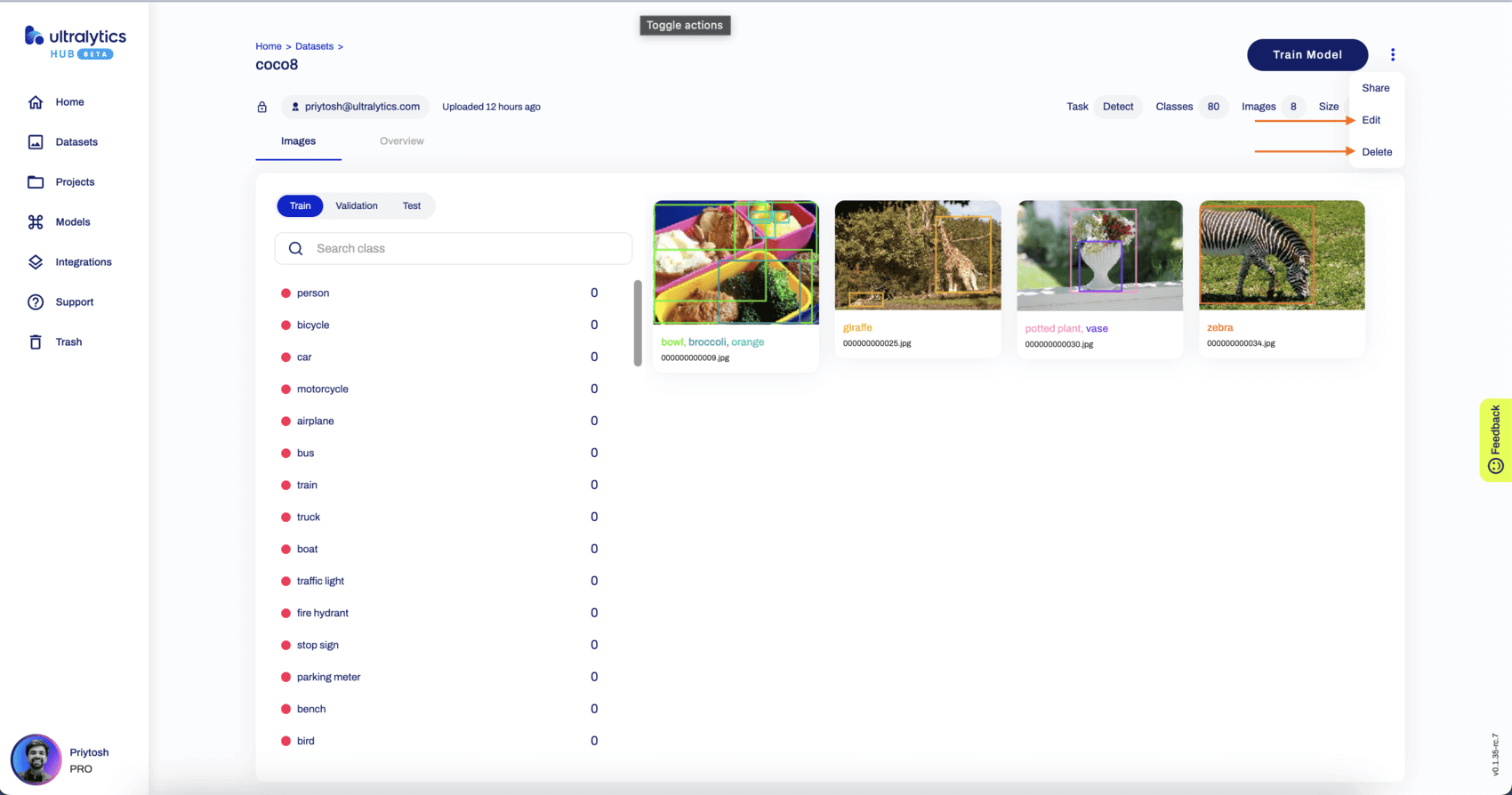 Ultralytics HUB Screenshot der Seite "Datensatz" mit einem Pfeil, der auf die Option "Bearbeiten und LÃ¶schen" zeigt