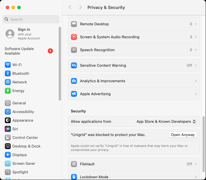 Open Anyway in Privacy & Security
