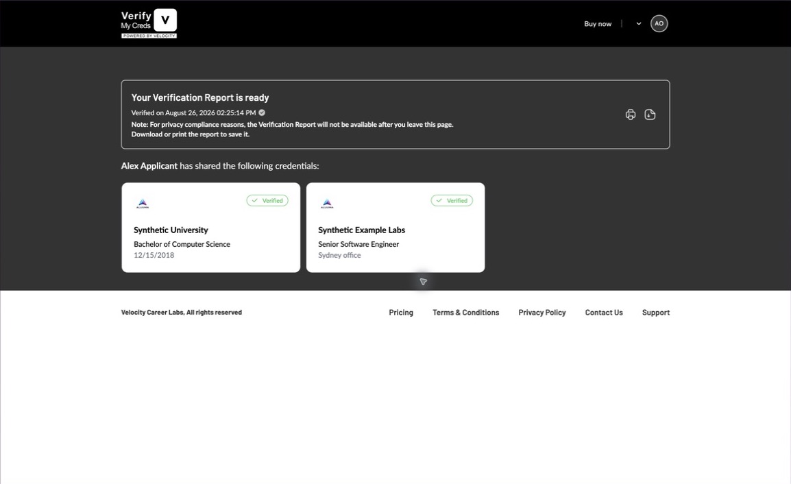 VerifyMyCreds completed verification report