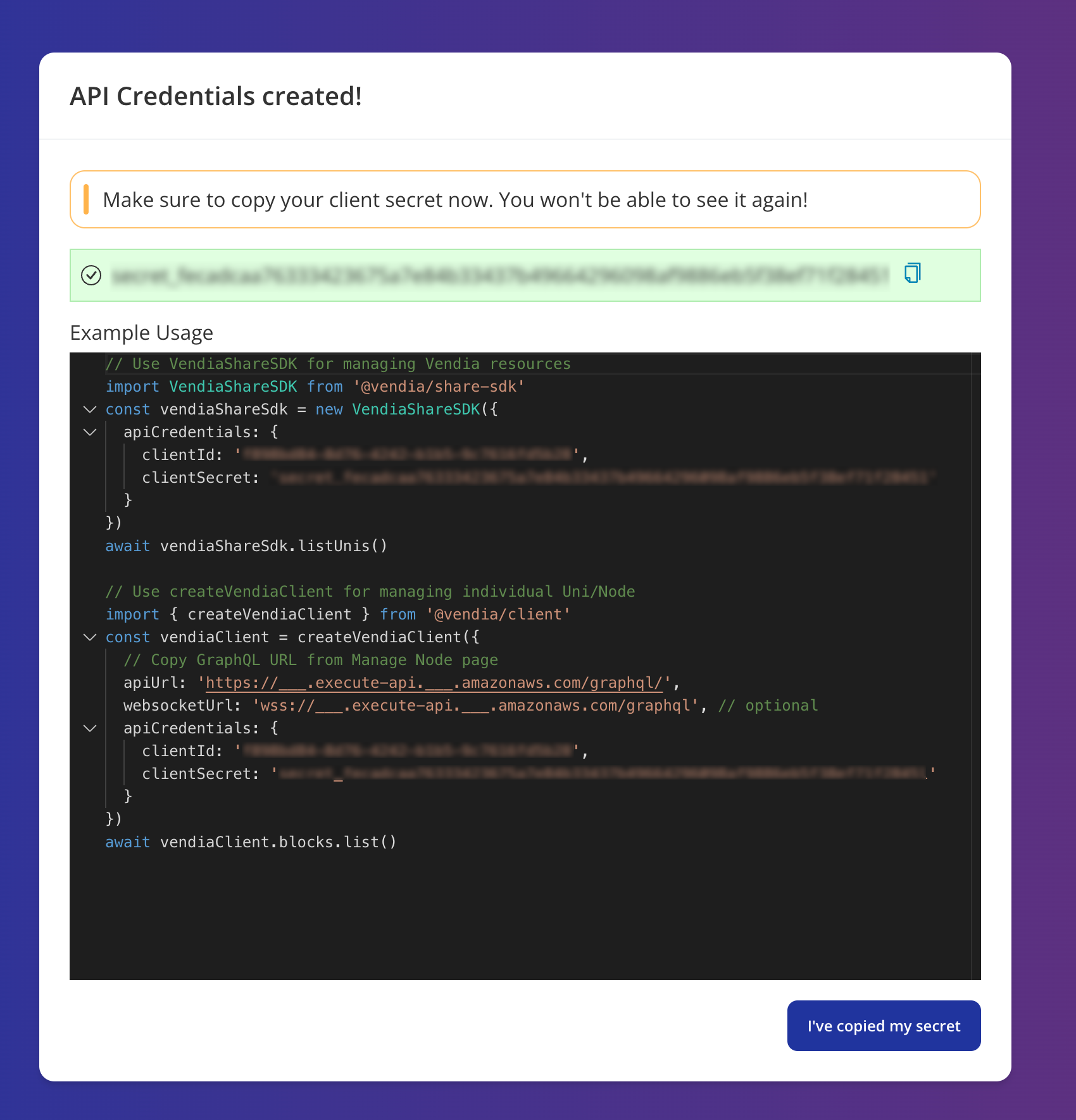 API Credentials Created Page