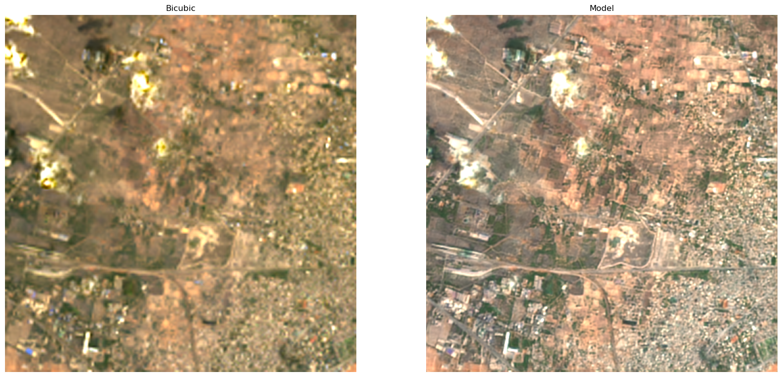 Satelite images upsampled by our model compared to baseline