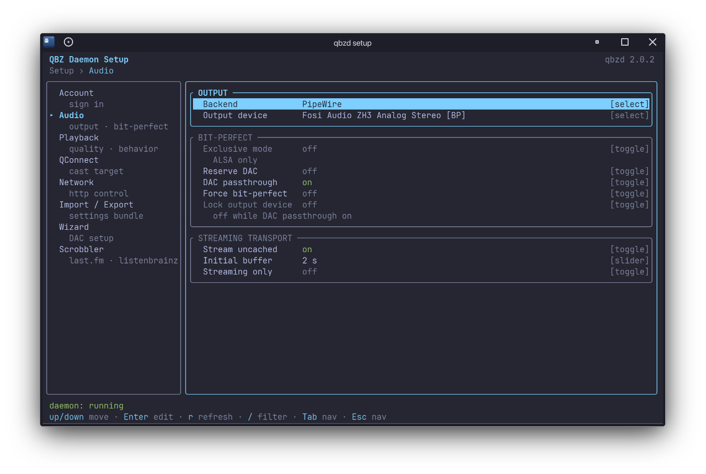 qbzd setup TUI, Audio screen