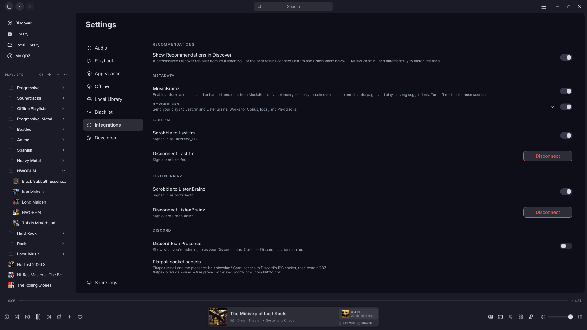 Settings, Integrations
