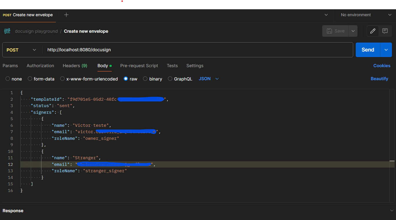 enviando requisicao para criar envelope para o docusign via postman