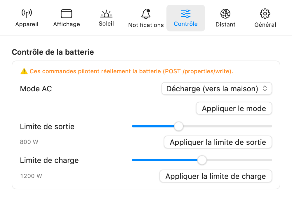 Control settings tab