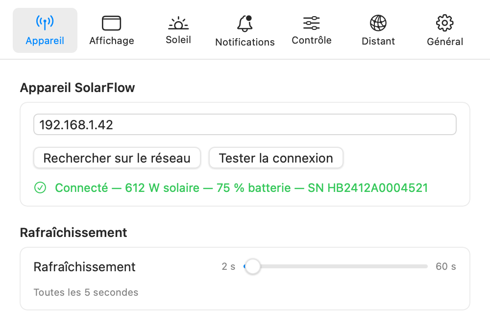 Device settings tab