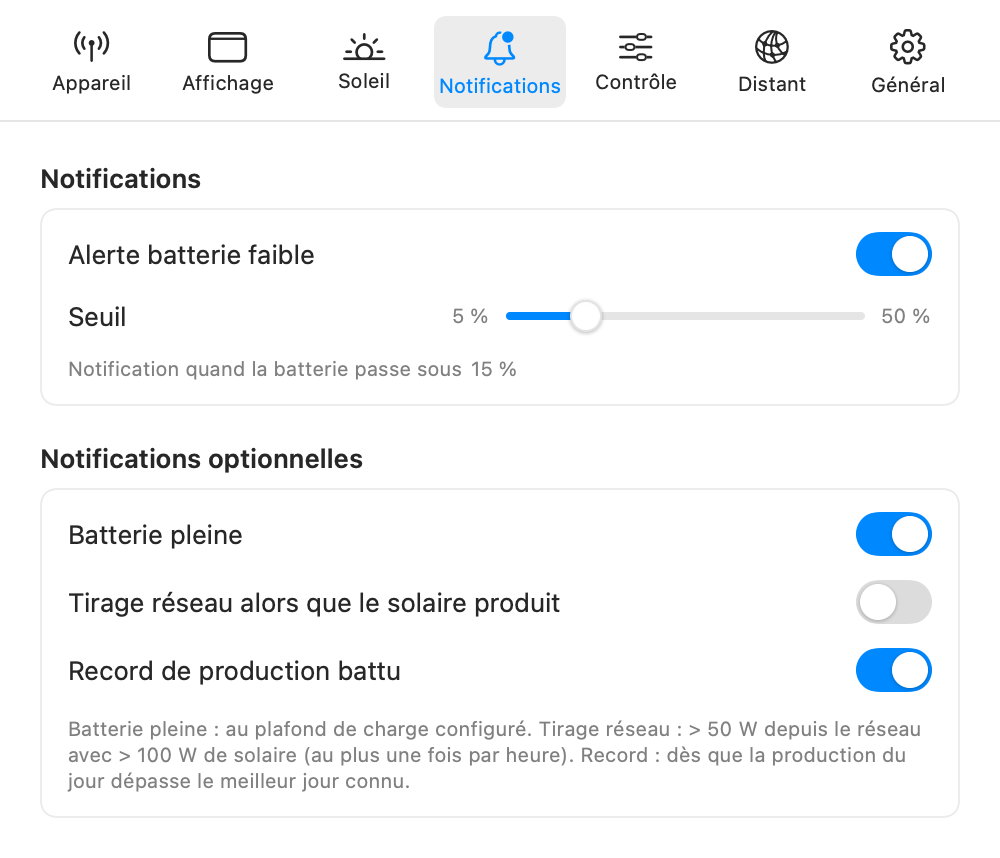 Notification settings tab