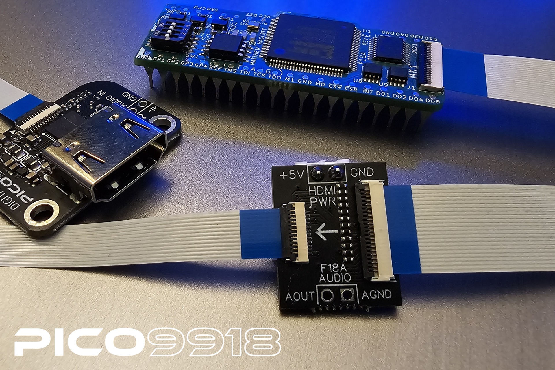 F18A adapter connected between an F18A MkI board and a Digital AV (HDMI) dongle