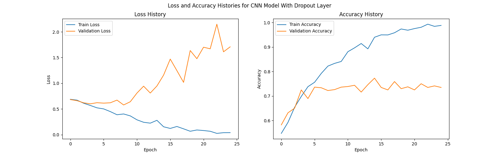 Graph of training and validation accuracy and loss for our CNN model with a dropout layer