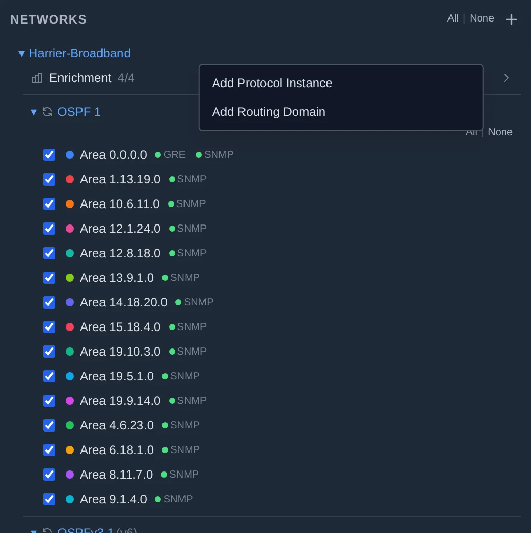 The + menu on a network row, offering Add Protocol Instance and Add Routing Domain