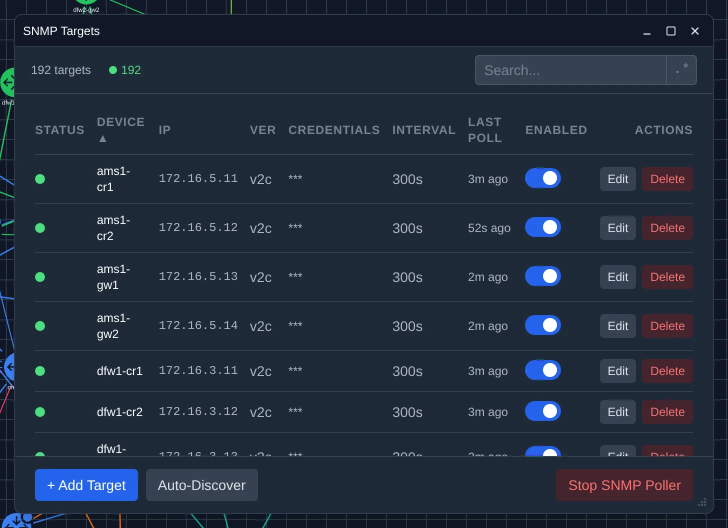 The SNMP Targets manager listing each polled device with its IP, SNMP version, interval, last poll and enable toggle