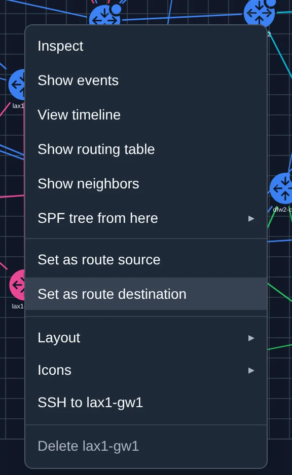 The node context menu, grouping the per-device actions under section headers