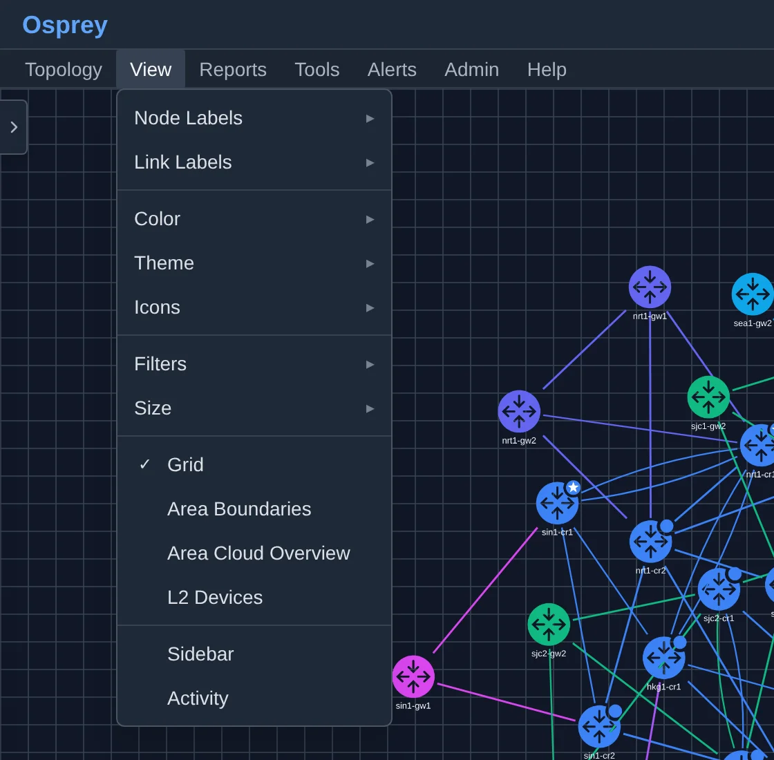 The View menu open, listing Node Labels, Link Labels, Color, Theme, Icons, Filters, Size, and the Grid, Area Boundaries, Area Cloud Overview, L2 Devices, Sidebar and Activity toggles