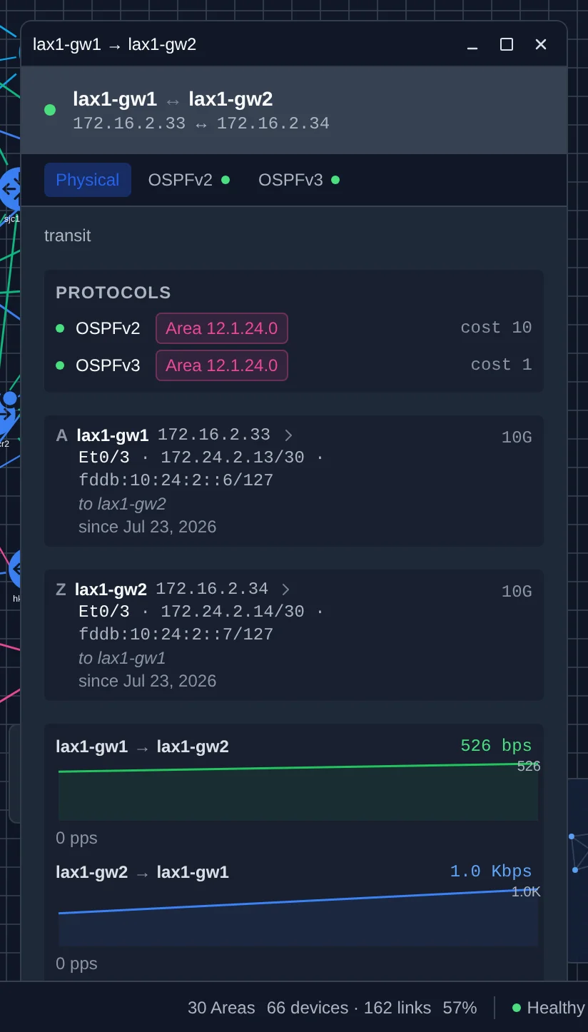 Link Detail Panel for a wire carrying both OSPFv2 and OSPFv3: a tab per protocol, each protocol's own area and cost, both endpoints with their interfaces and dual-stack addressing, and live traffic graphs