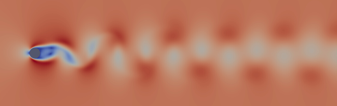 Snapshot of the attractor of the flow past a cylinder at Re=100. The vortex shedding exhibits symmetry around the x_2=0 axis and vortices are shed periodically.