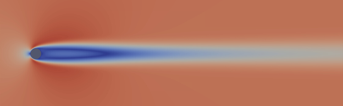 Stationary solution of the flow past a cylinder at Re=100. The base flow is symetric with respect to the axis x_2=0 and features a long recirculation bubble after the cylinder obstacle.
