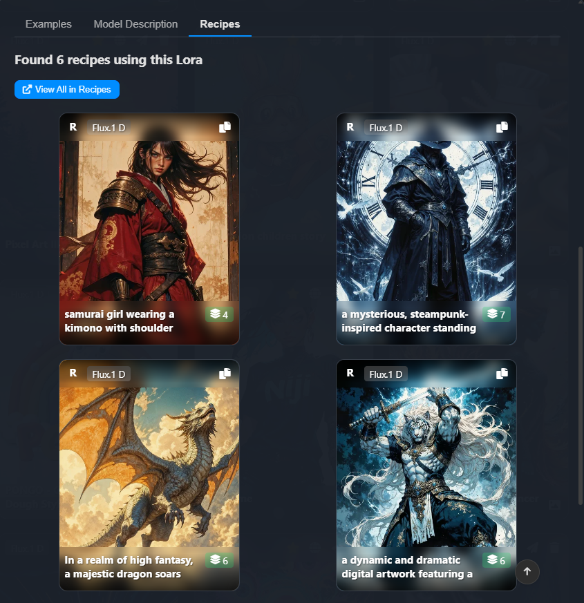 Recipes tab of a lora