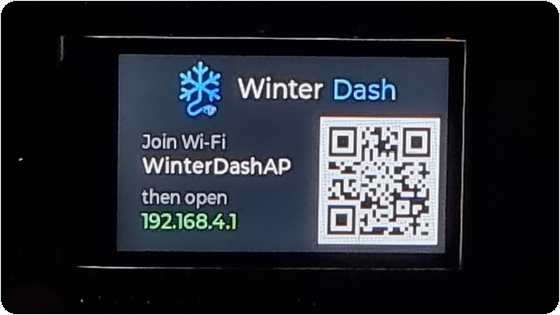 WinterDash device showing its WinterDashAP setup network and a QR code