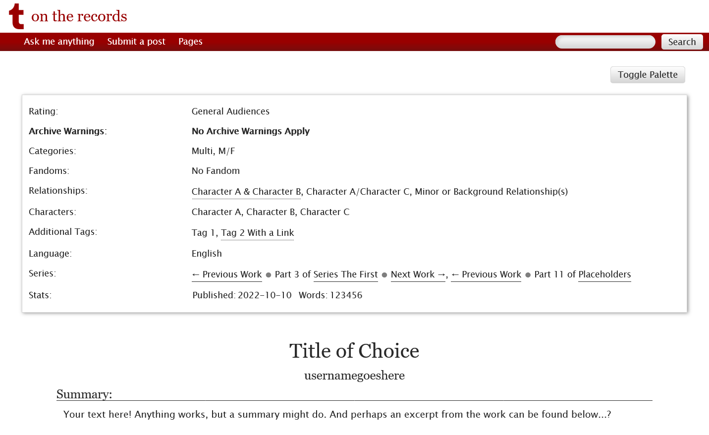 A Tumblr blog page styled to almost exactly resemble an Archive Of Our Own work page, complete with tags header, title and author, summary, and more. The blog title and avatar have replaced the AO3 logo and name on the top left of the page.