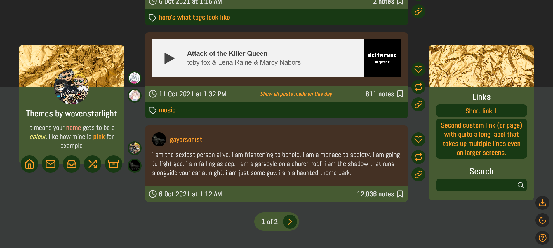 Screenshot of the home page, now scrolled to the bottom. The page navigation is visible below the posts, showing the total number of pages and a next page button. The blog has been changed to the dark theme, in dark green, black, and gold colors. The background is black instead of having the wood background, and the sidebars have accent images of gold foil.