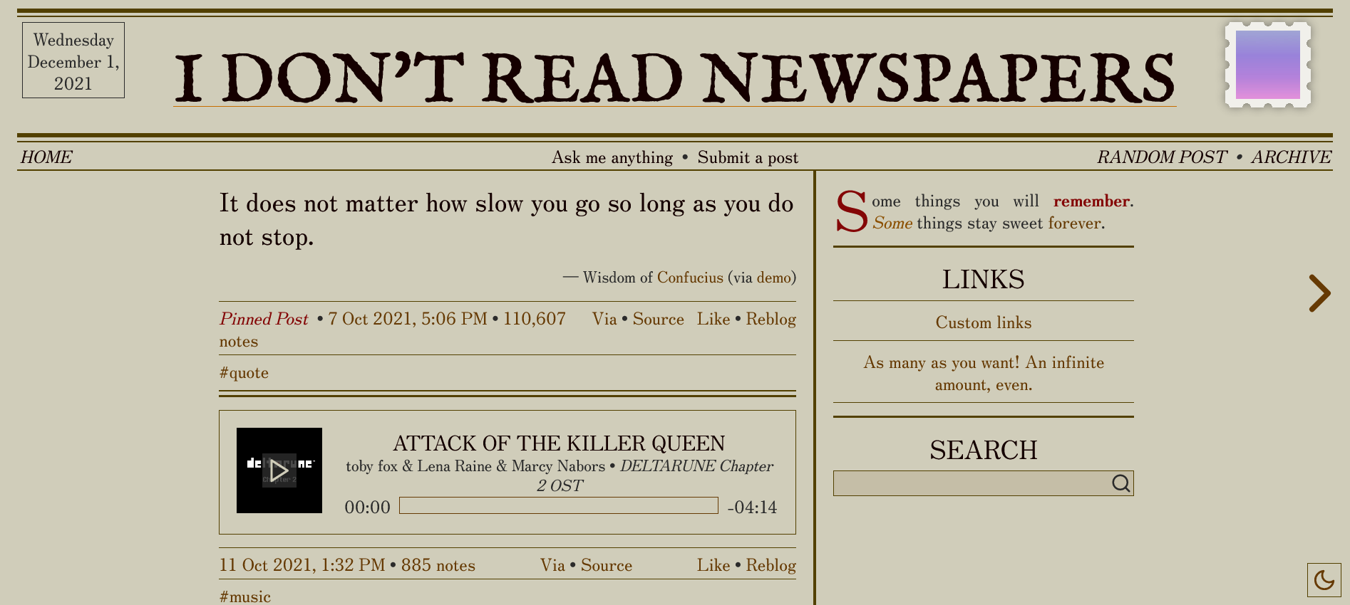 Screenshot of a Tumblr blog on the home page. It is text-heavy, with a newspaper-like header, showing the blog title on the top alongside a date and a stamp-like icon. The links, description, and other information are placed in columns alongside the posts. The blog is set to light mode, with a yellowed background and dark text.