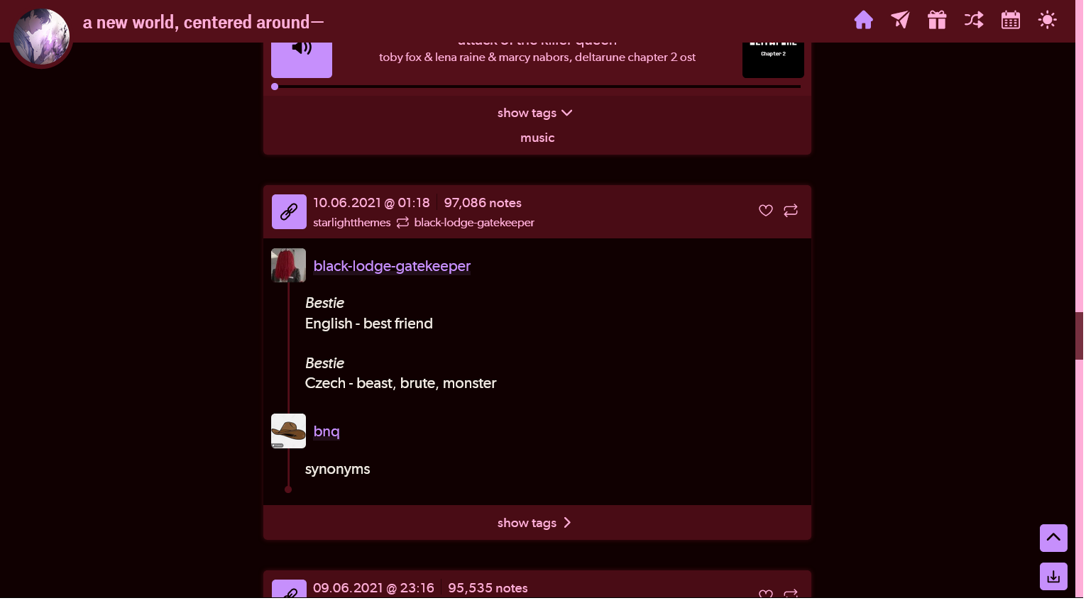 The same blog, now in black, red, and lavender colors. It is scrolled down to show more posts. The post bodies have each reblog's content in a Twitter thread-like structure, with a bar running down the side of the post through each user's icon. Tags, placed at the bottom of each post, are hidden behind a "show tags" button. Special text across the page (such as the blog title, post data and tags, and usernames) has been entirely converted to lowercase.