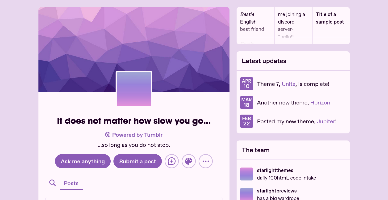 An image of a Tumblr blog featuring a white and purple color theme; it strongly resembles the Tumblr in-dashboard blog view. On the left is a section with the header image, avatar, title, and description. Throughout this section are included a highlighted link, as well as the ask/submit links, messaging button, palette swap button, and search bar. The sidebar includes a group of three featured posts, a list of updates with dates attached, and a list of blog members.