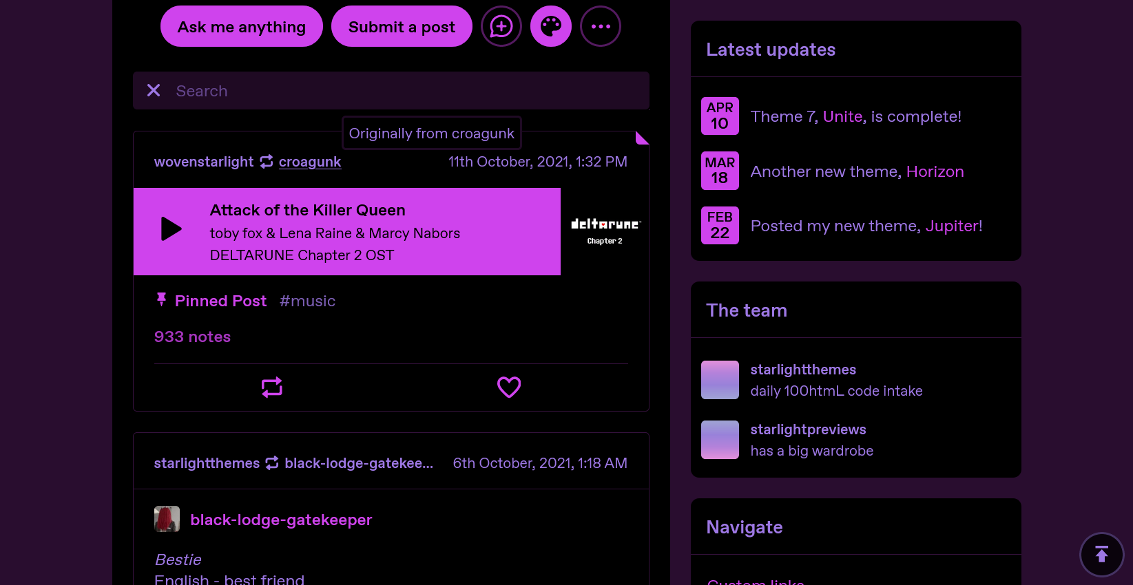 The same blog, now in black and purple colors, scrolled further down to show the posts. Via and source links are present in the post headers, along with the date and time of the posts. All the content of the post visually resembles the dashboard display of posts, including the styling of audio and text posts.