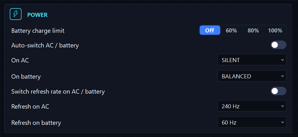 Power settings with refresh-rate switching