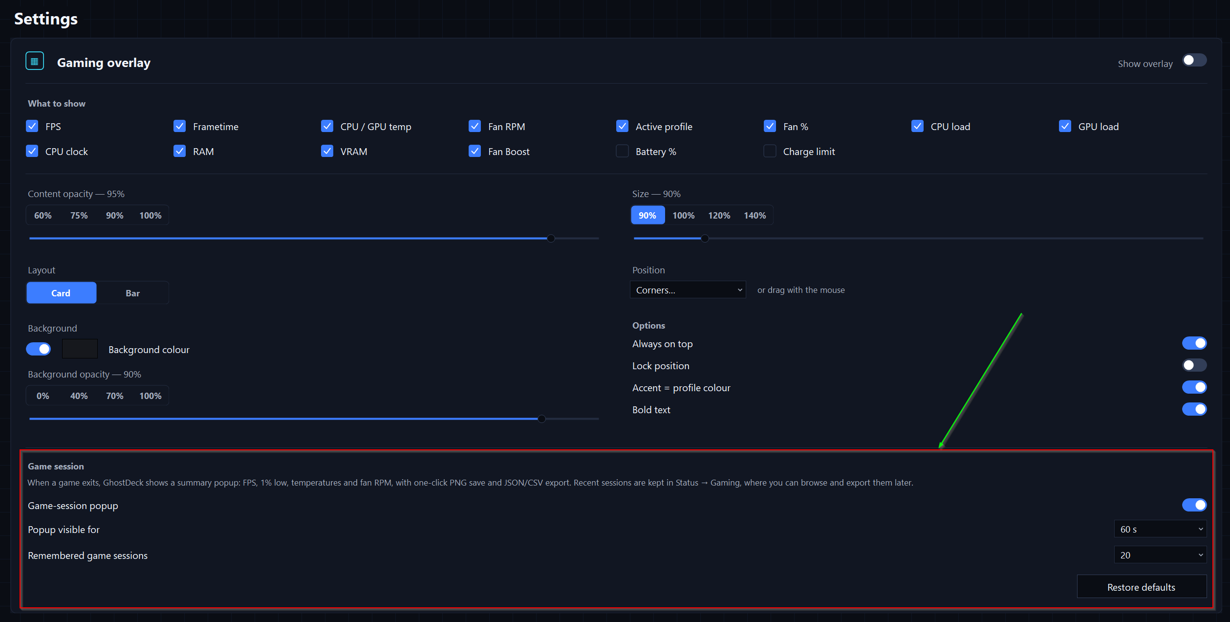 Session-report options in Settings β Gaming overlay