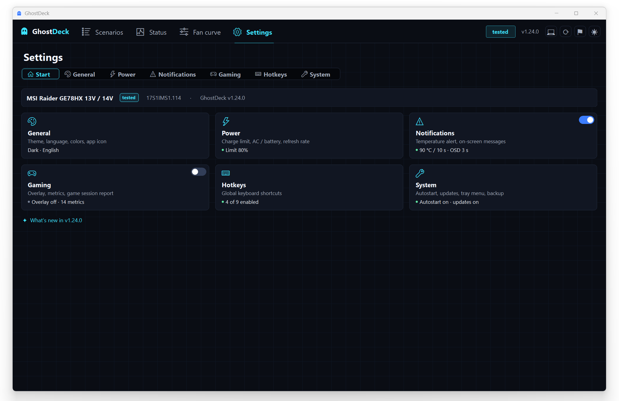 Settings Start dashboard - status header, live group tiles, quick switches