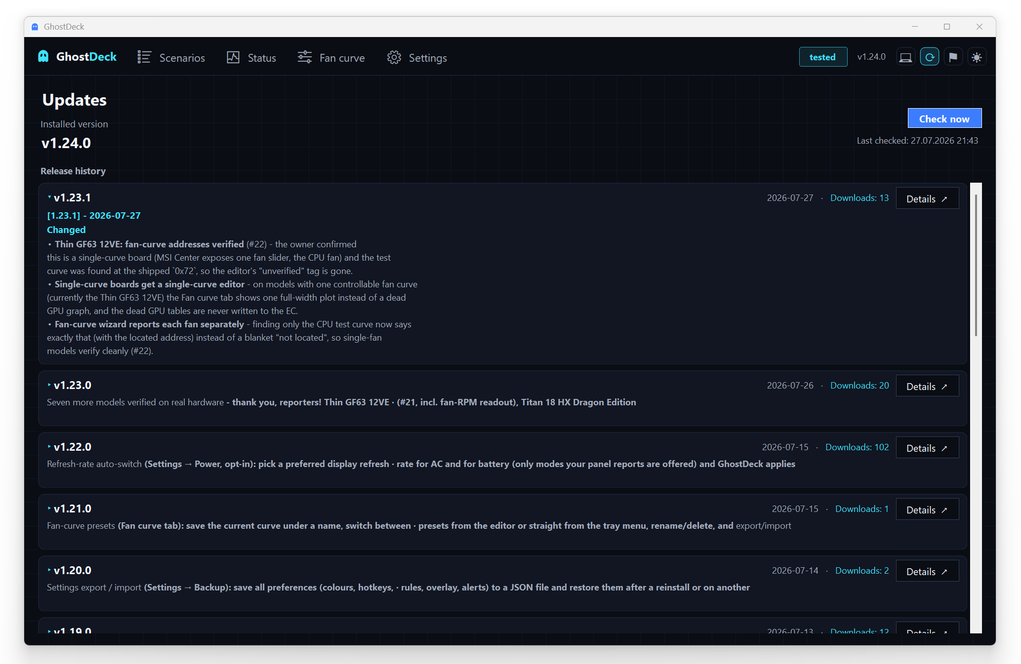 Updates tab - releases with download counts and inline notes