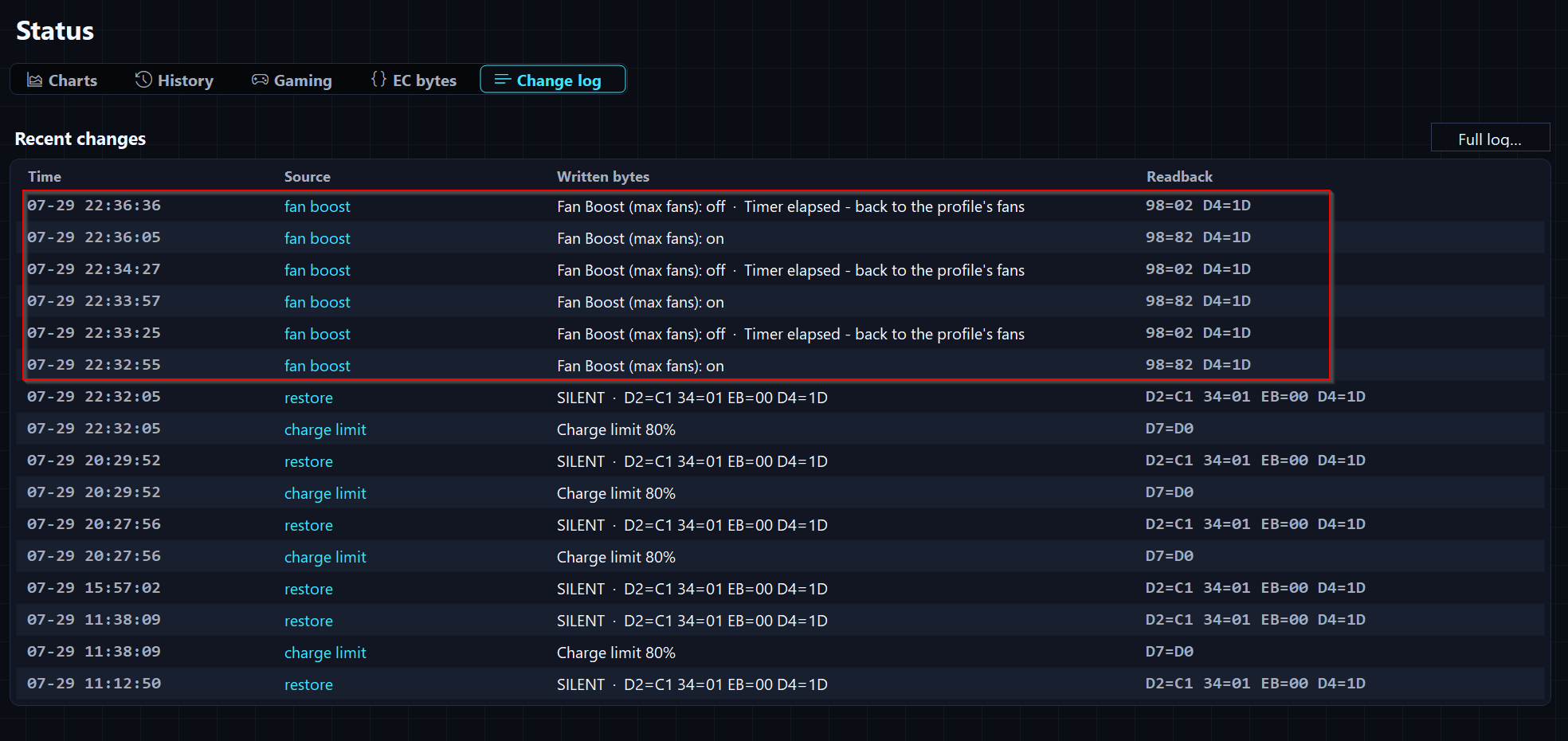 Change log - Fan Boost switched off by the timer