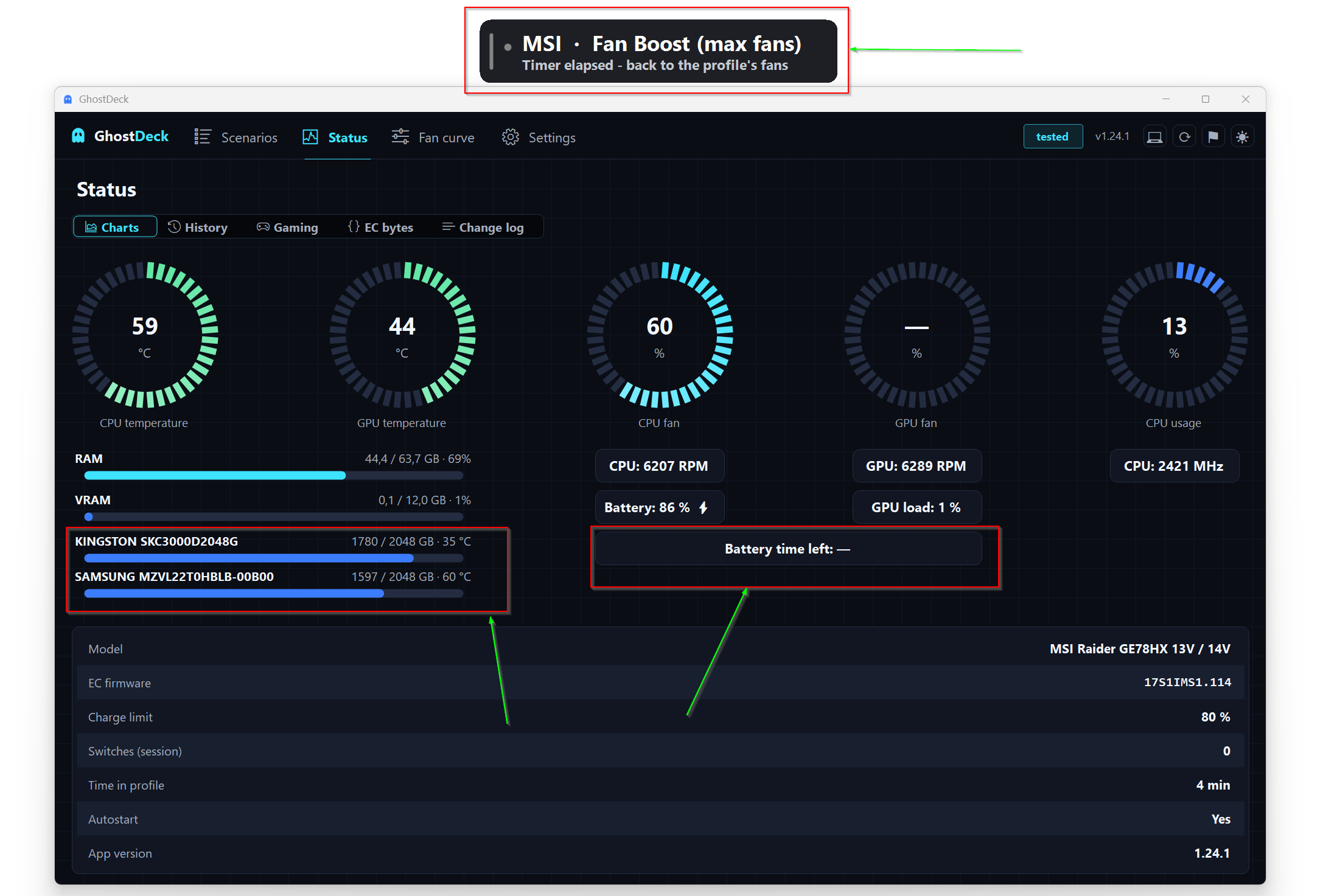 Status Charts - rings, per-disk temperatures, battery time