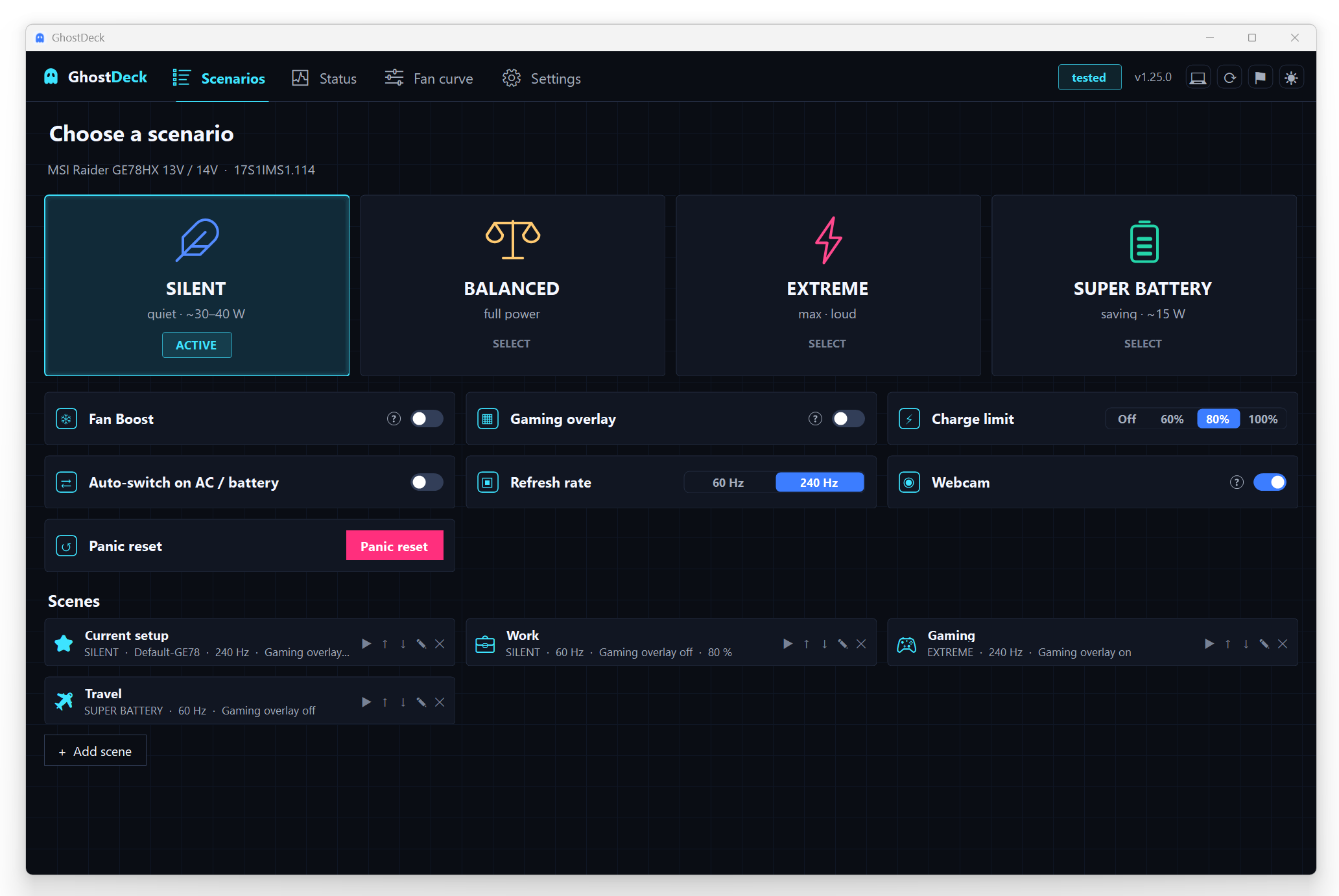 Scenarios tab with scenes, quick-control bricks and the panic button