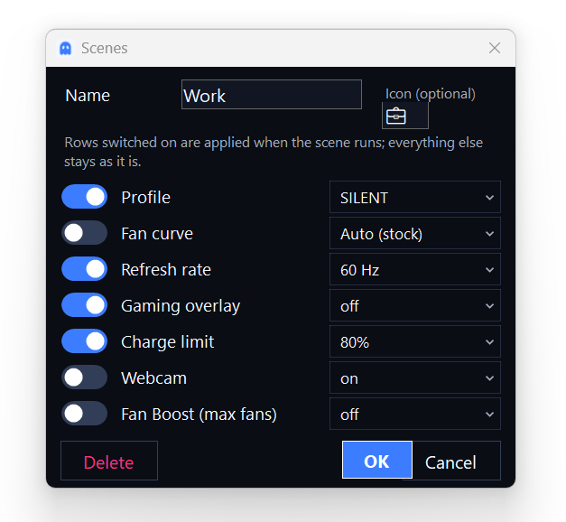 Scene editor - only the rows you switch on get applied