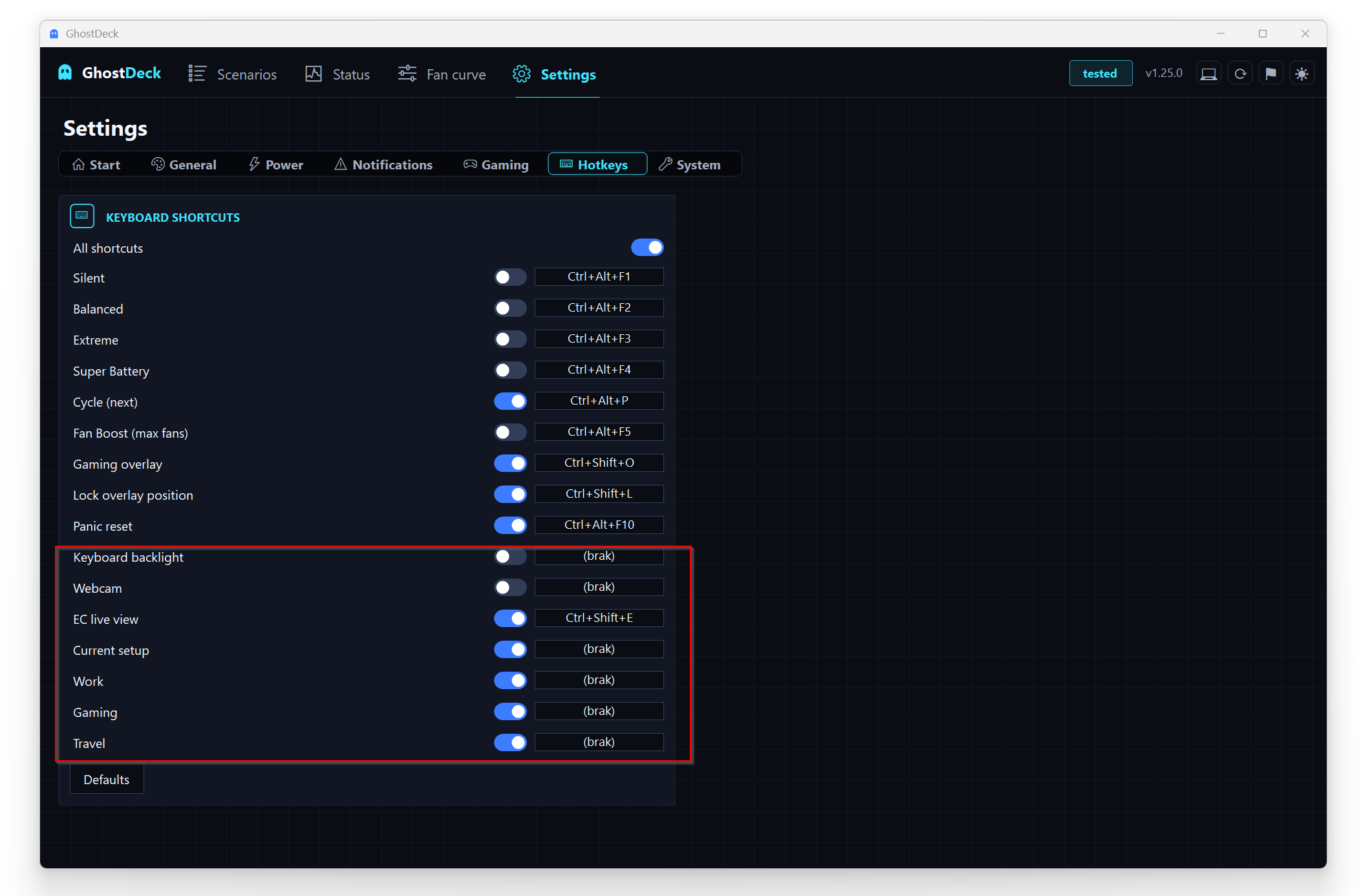 Settings Hotkeys - every action rebindable, one row per scene