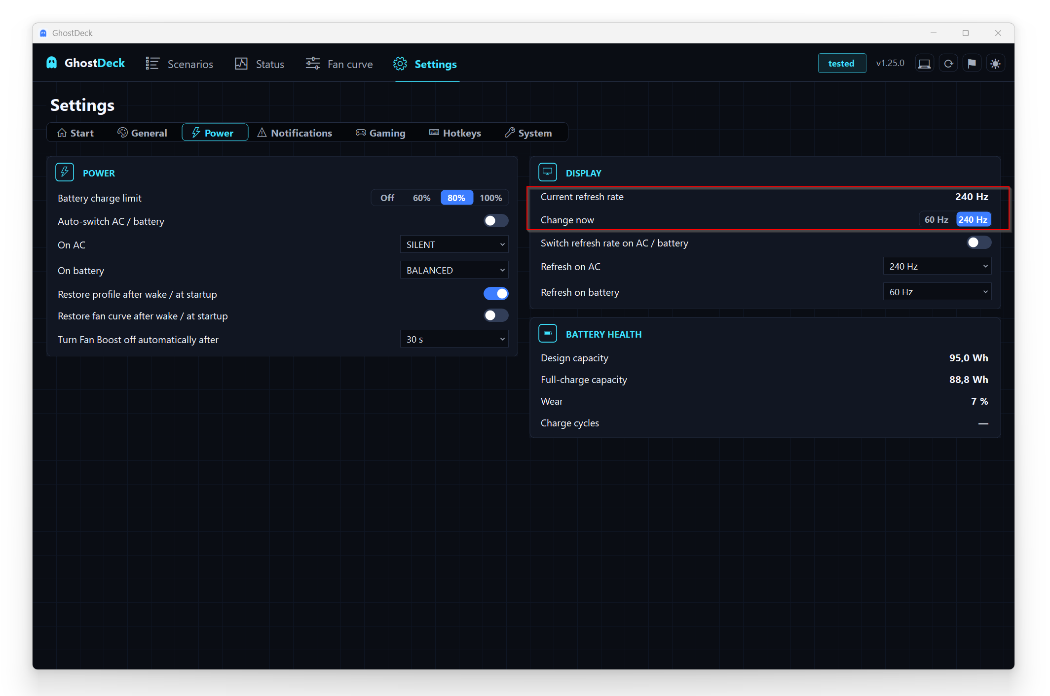 Settings Power - current refresh rate and a manual switch